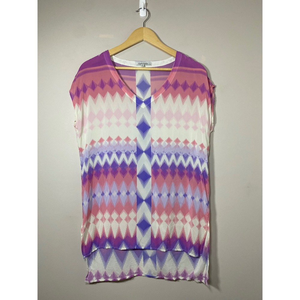 JOHN MARK Geometric Print V Neck Cap Sleeve Silk Tunic Top Women Size SMALL